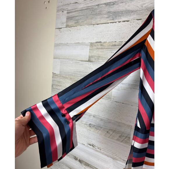 Etcetera Women’s 4 Multicolor Striped V-Neck Long Sleeve Wide Cuff Blouse NEW - Picture 6 of 7